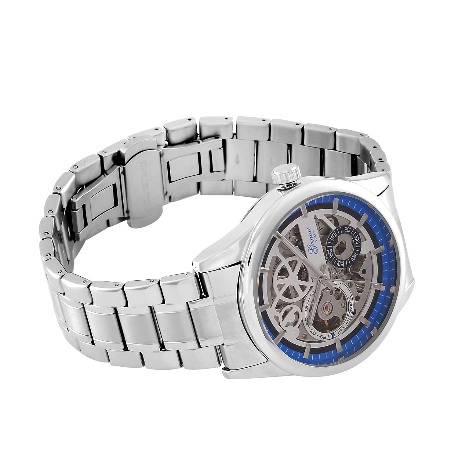 GENOA Automatic Movt. 3ATM WR Blue Ring Watch with Stainless Steel Chain Strap GENOA Automatic Movt. 3ATM WR Blue Ring Watch with Stainless Steel Chain Strap