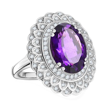 African Amethyst ,  White Zircon  Fancy Ring in rhodium Sterling Silver 10.49 ct,  Silver Wt. 7.2 Gms  6.220  Ct.