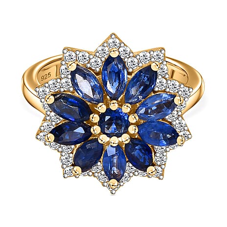 Kyanite & Moissanite Floral Halo Ring in 18K Vermeil Yellow Gold Plated Sterling Silver 2.93 Ct.
