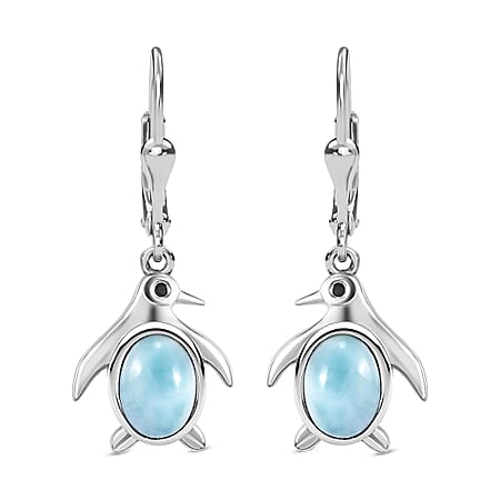 Larimar, Black Spinel Penguin Earrings in Rhodium Overlay Sterling Silver