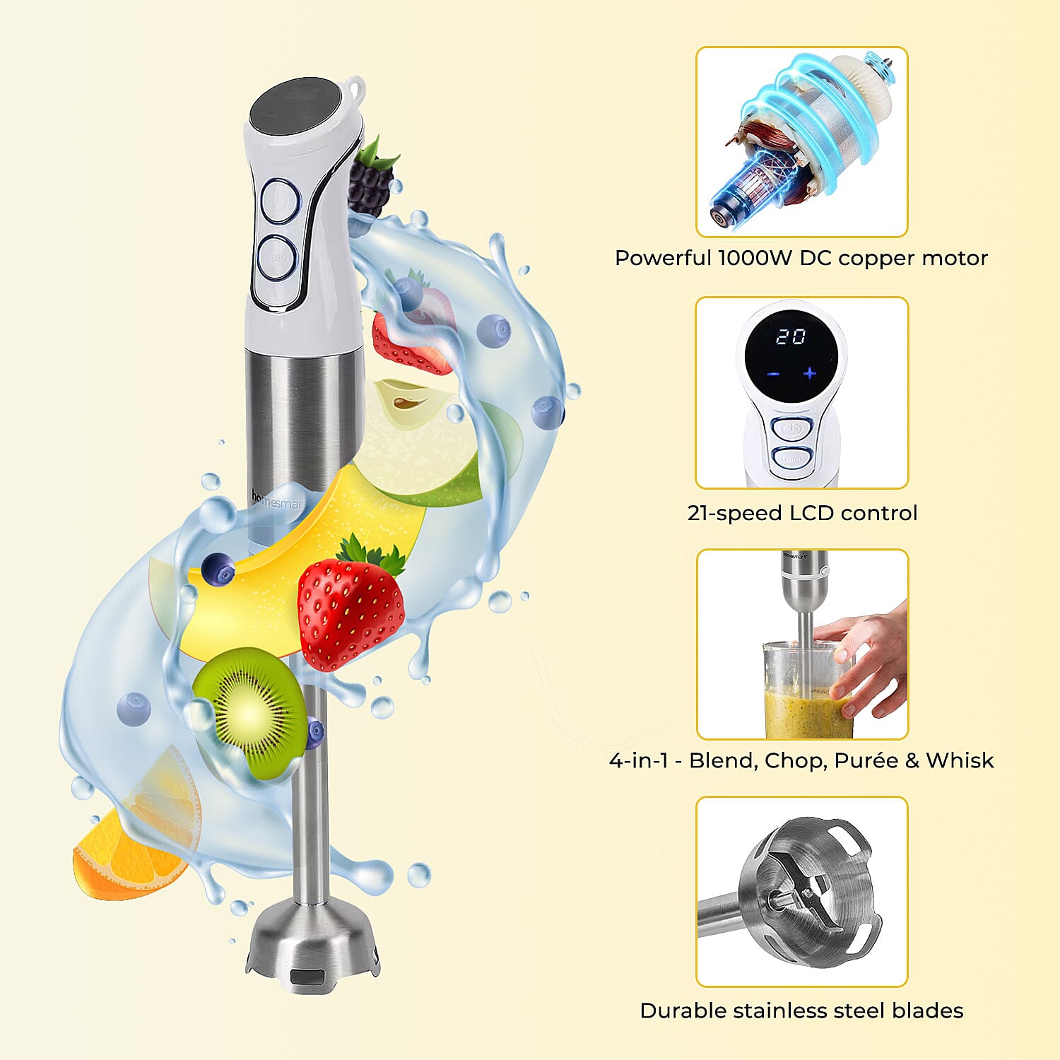 Homesmart 4-in-1 Food Processor and Blender (Power 1000W) - White