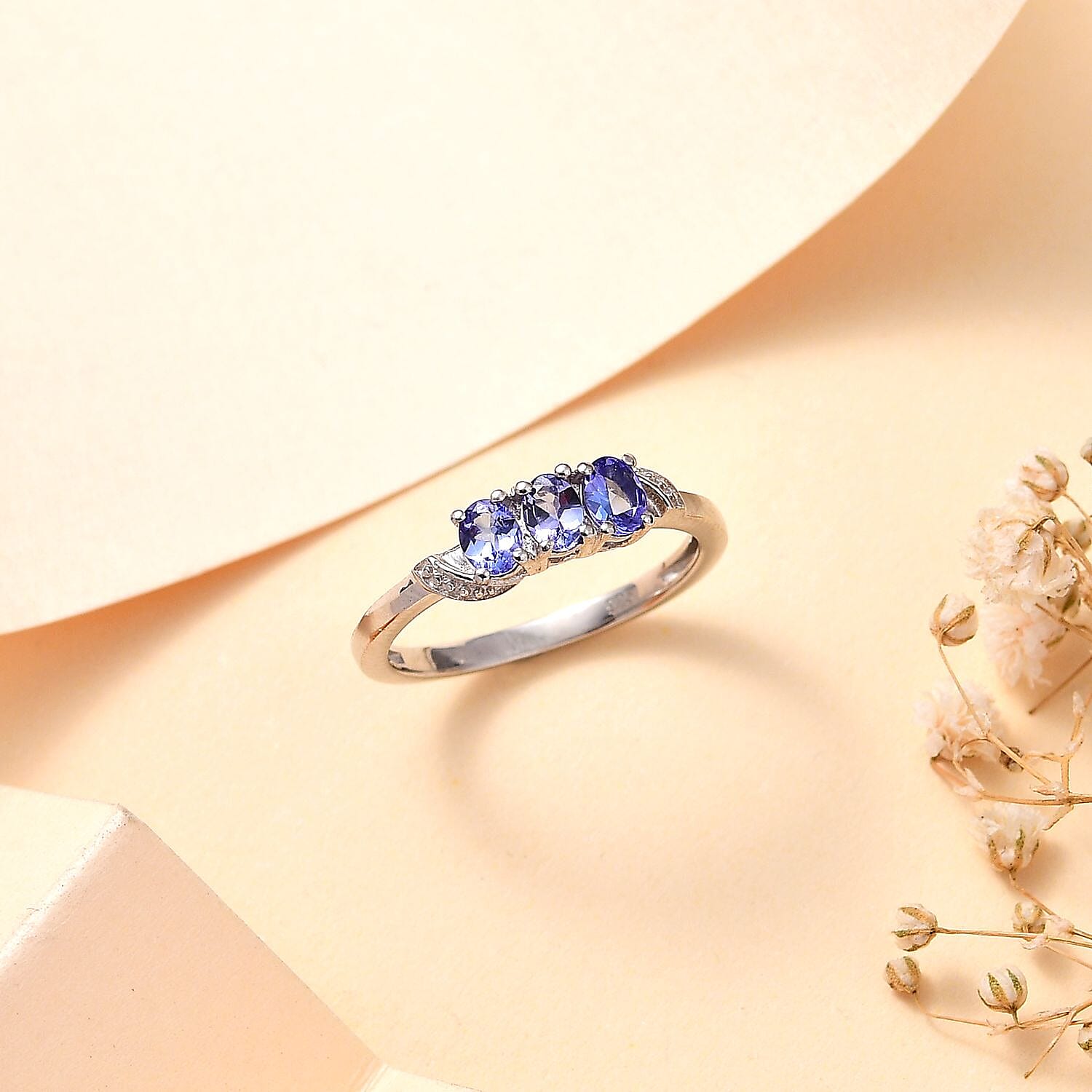 Premium Tanzanite Trilogy Ring in Platinum Overlay Sterling Silver Premium Tanzanite Trilogy Ring in Platinum Overlay Sterling Silver