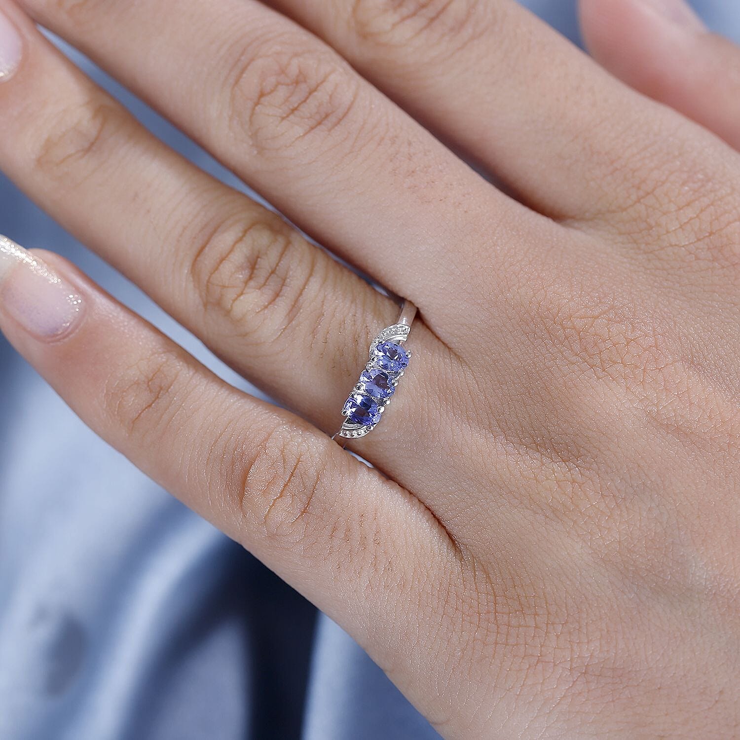 Premium Tanzanite Trilogy Ring in Platinum Overlay Sterling Silver Premium Tanzanite Trilogy Ring in Platinum Overlay Sterling Silver