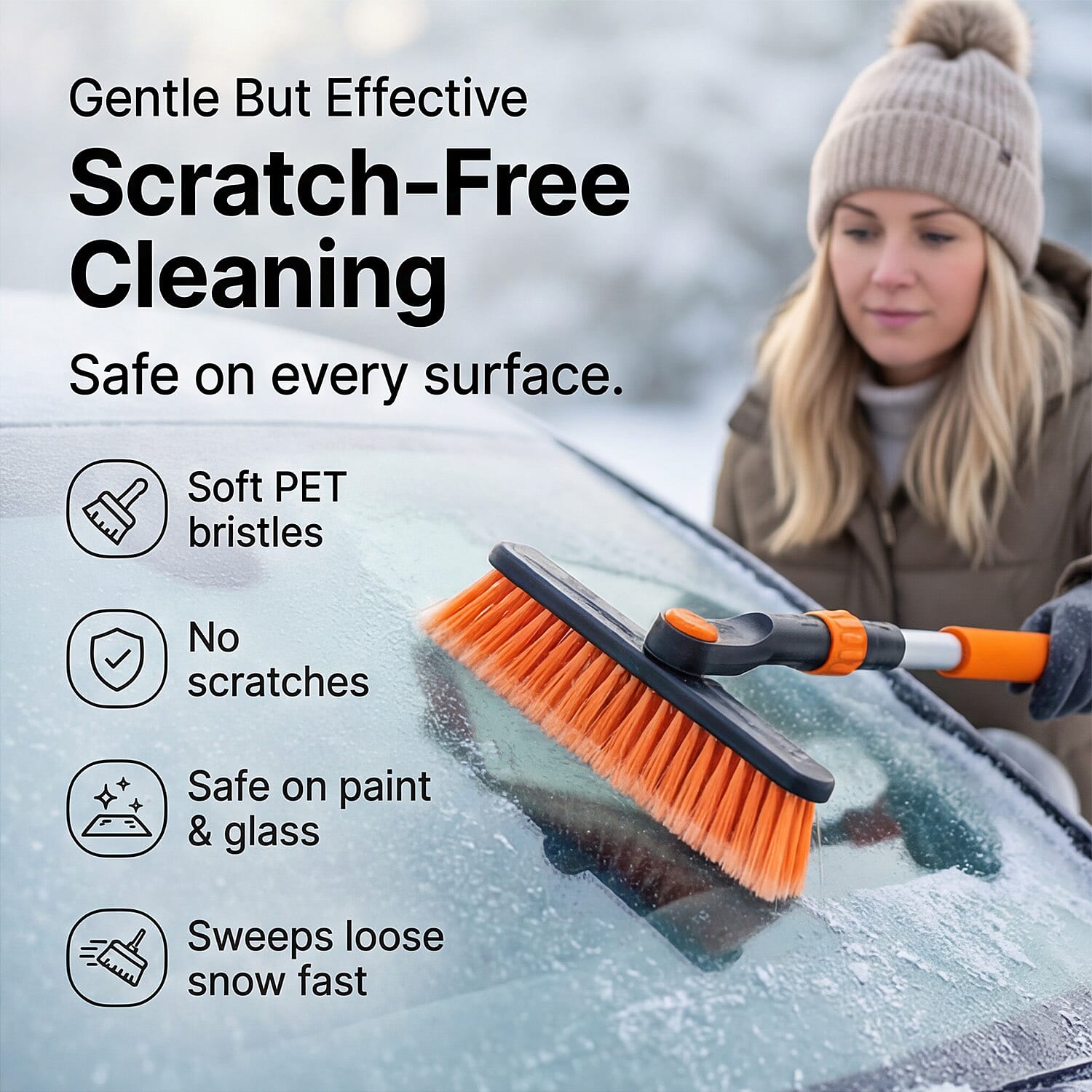 Retractable Snow Brush and Ice scraper with Extendable handle from 80 to 114 cm - Orange - Black