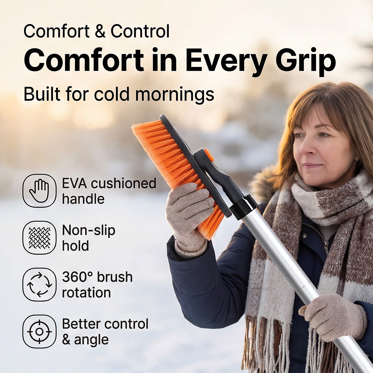 Retractable Snow Brush and Ice scraper with Extendable handle from 80 to 114 cm - Orange - Black