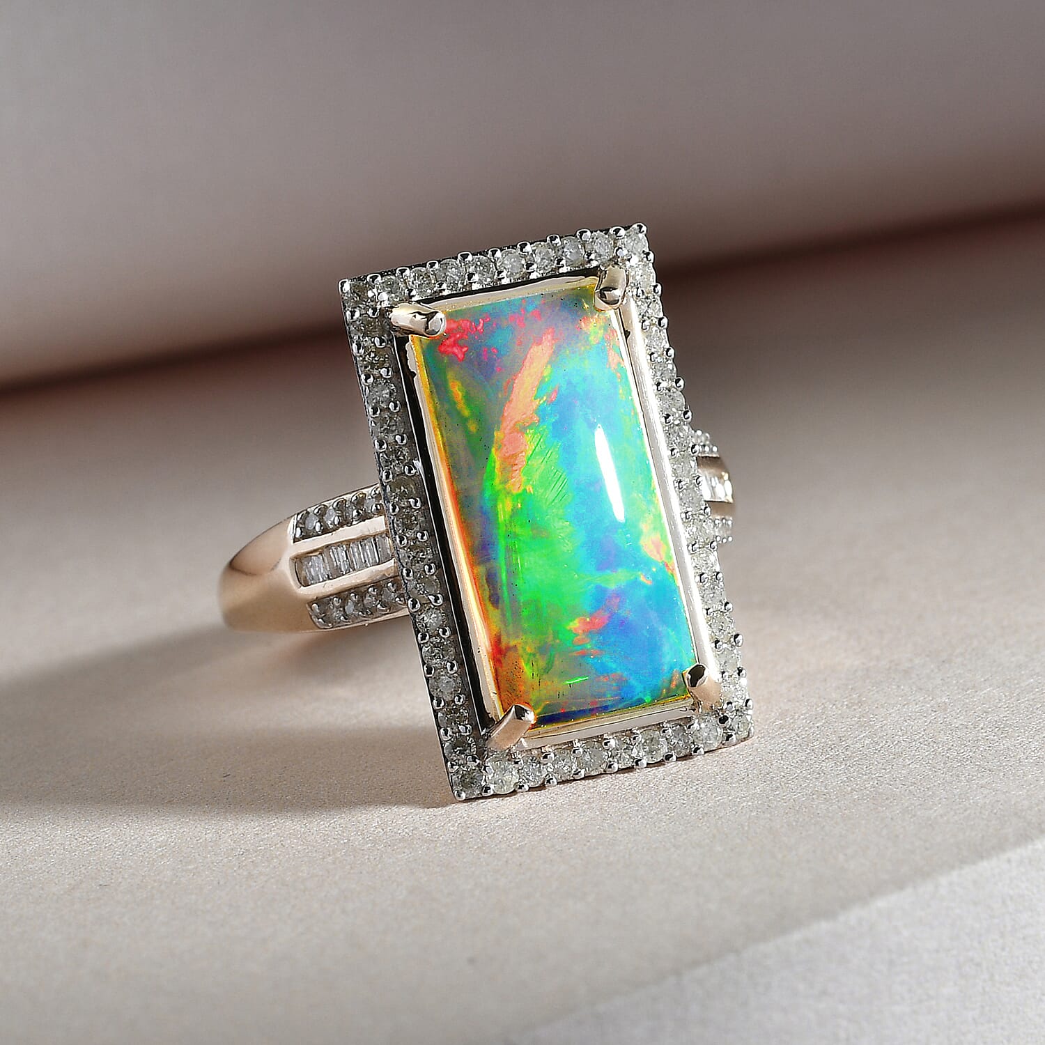 9K Yellow Gold AAA Ethiopian Welo Opal and Diamond Ring 4.23 Ct.