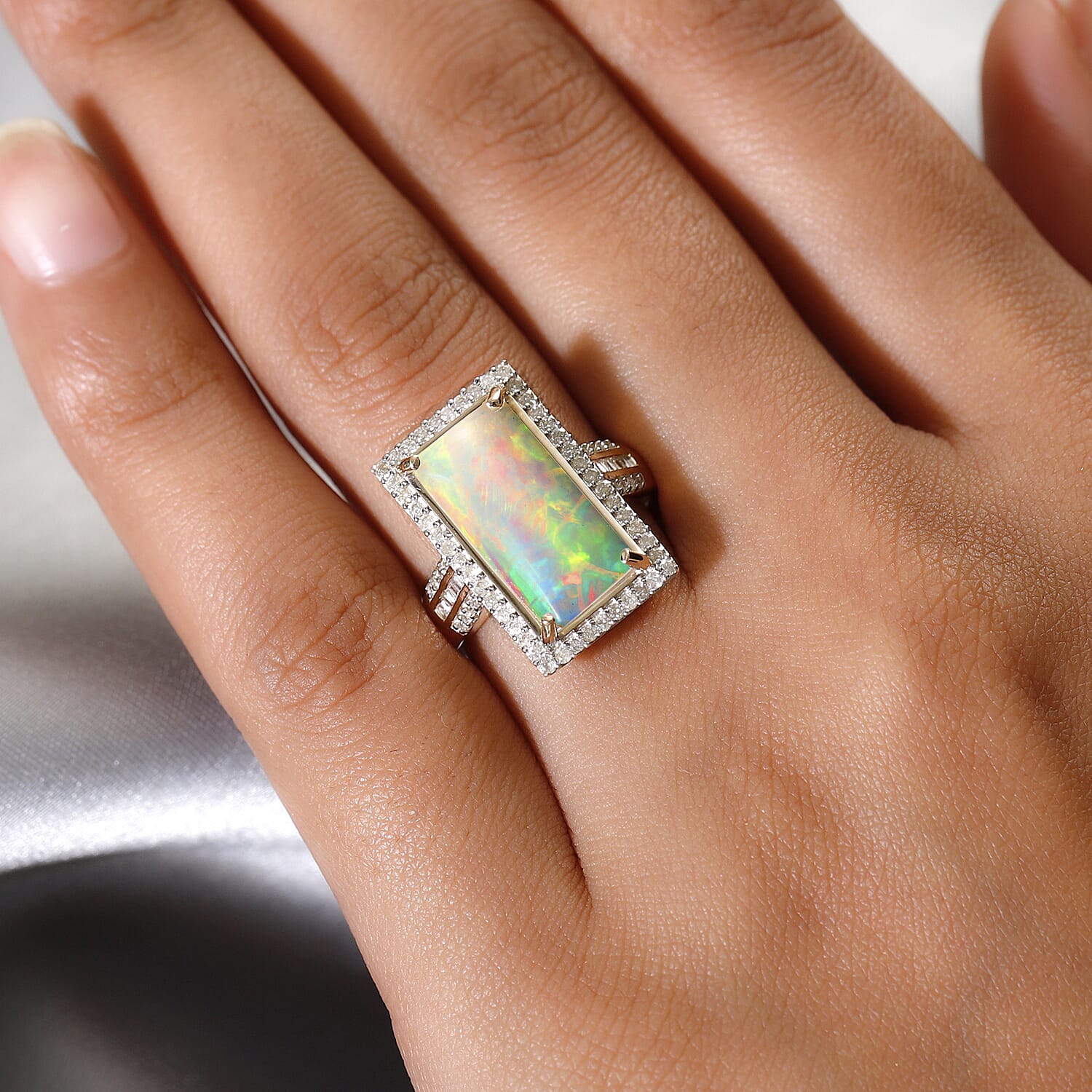 9K Yellow Gold AAA Ethiopian Welo Opal and Diamond Ring 4.23 Ct.