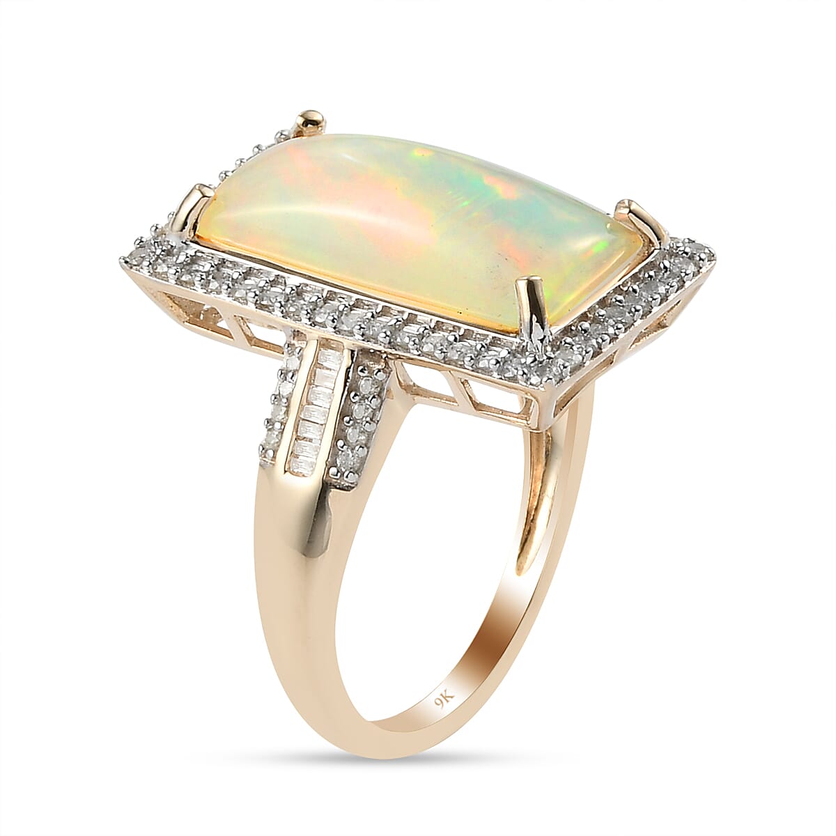 9K Yellow Gold AAA Ethiopian Welo Opal and Diamond Ring 4.23 Ct.