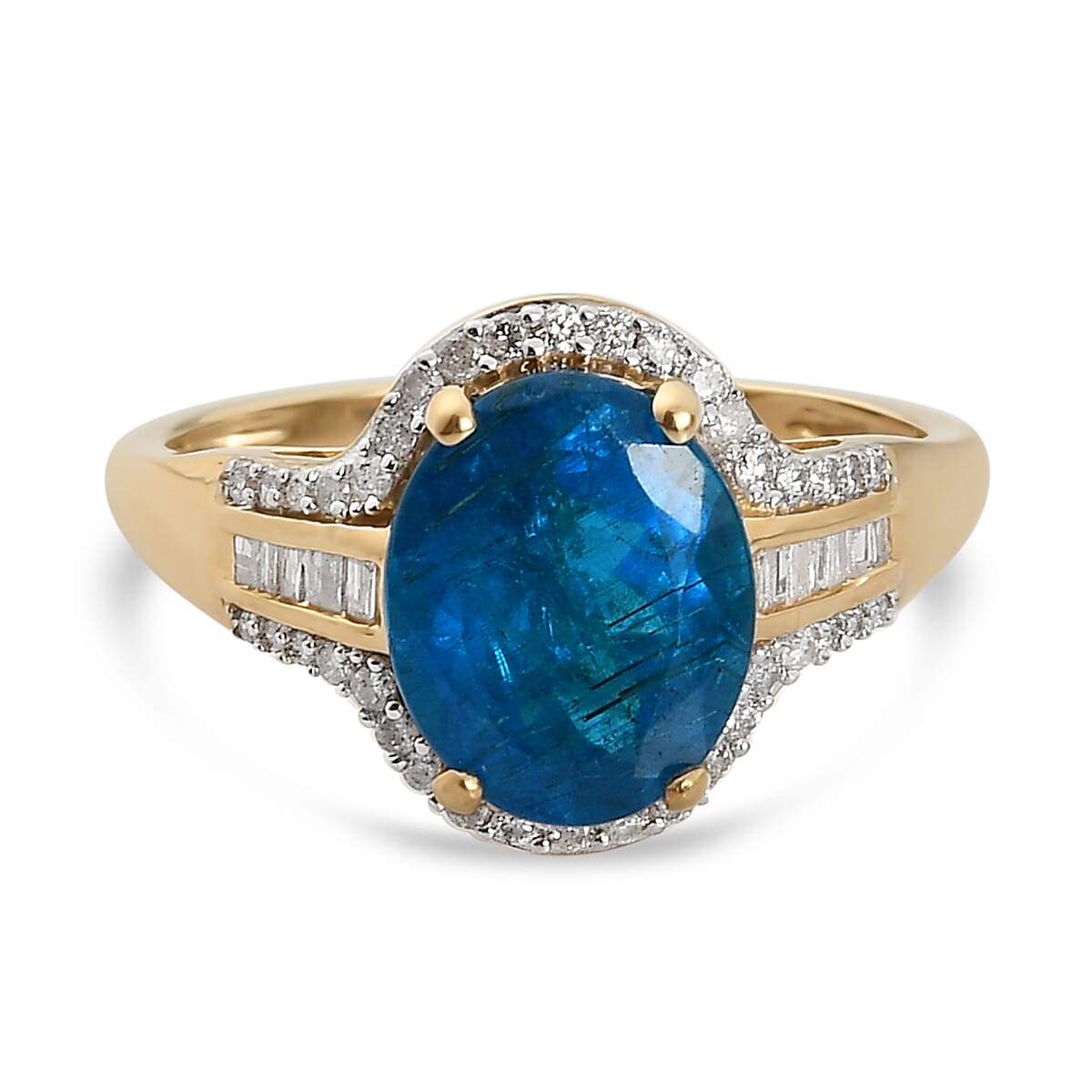9K Yellow Gold Neon Apatite and Diamond Halo Ring 3.03 Ct.