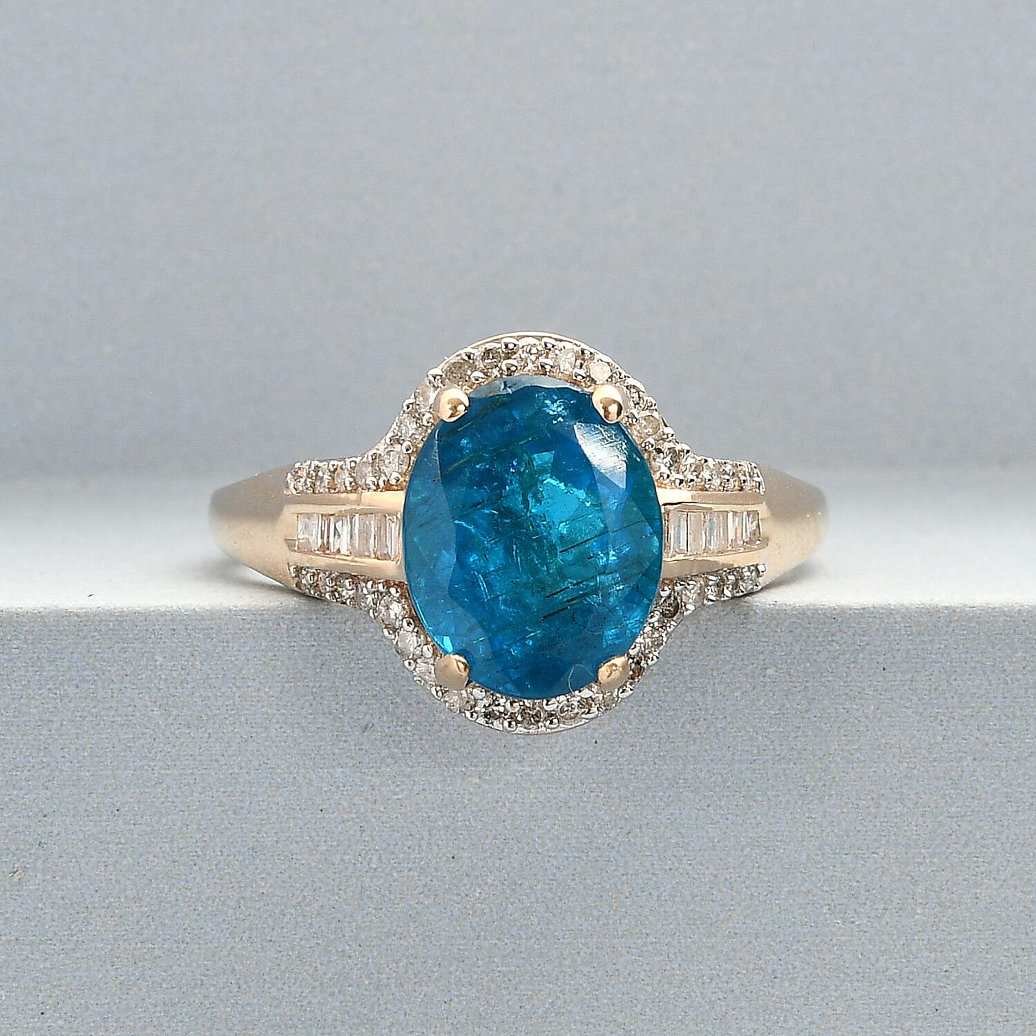 9K Yellow Gold Neon Apatite and Diamond Halo Ring 3.03 Ct.