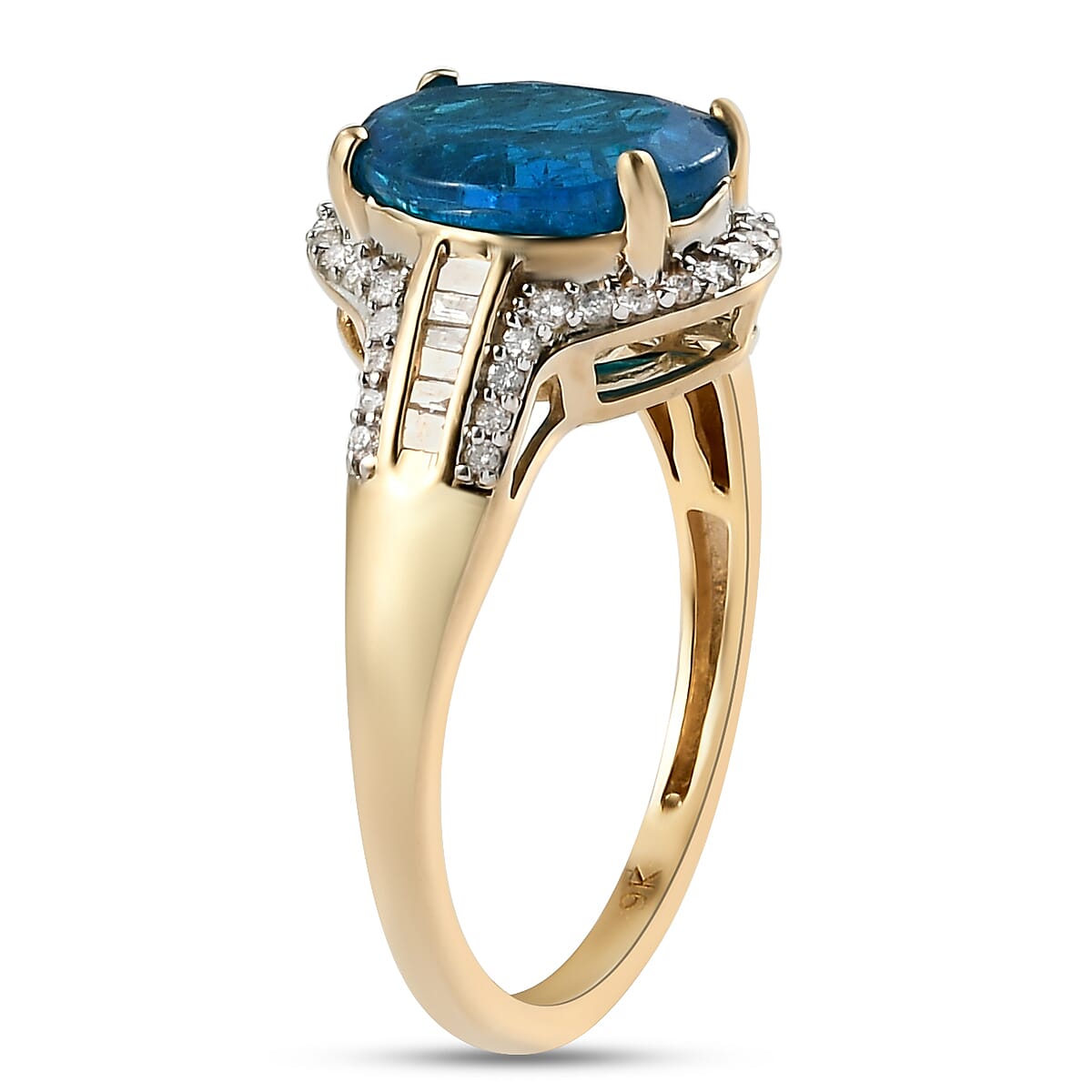 9K Yellow Gold Neon Apatite and Diamond Halo Ring 3.03 Ct.