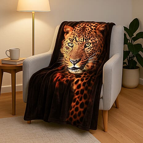 Hush Haven Leopard Face Digital Print Flannel Blanket (150x200 cm)