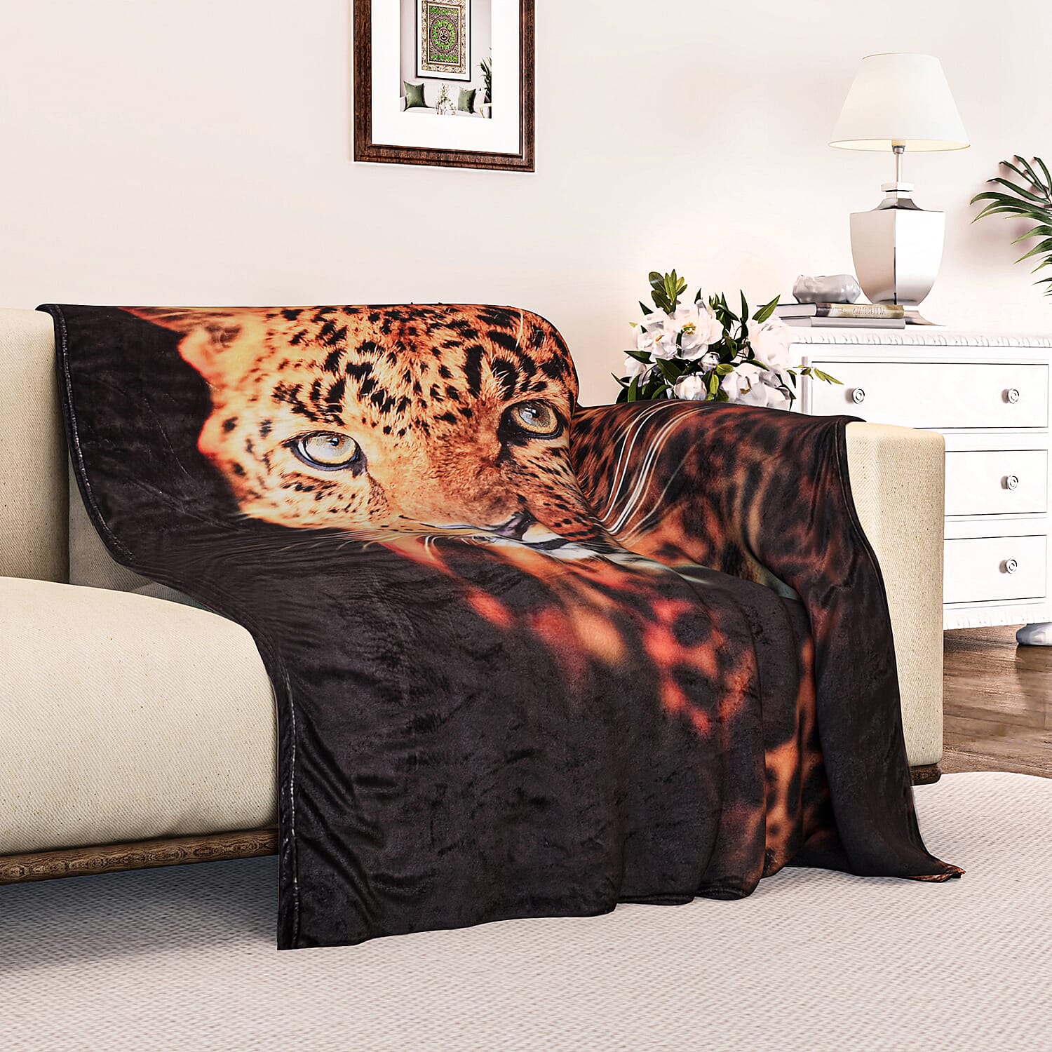 240GSM Flannel Digital Animal Printed Blanket (Size 200x150) - Leopard with Nusuk Dubai  Air Freshener and Hot Water Bottle.