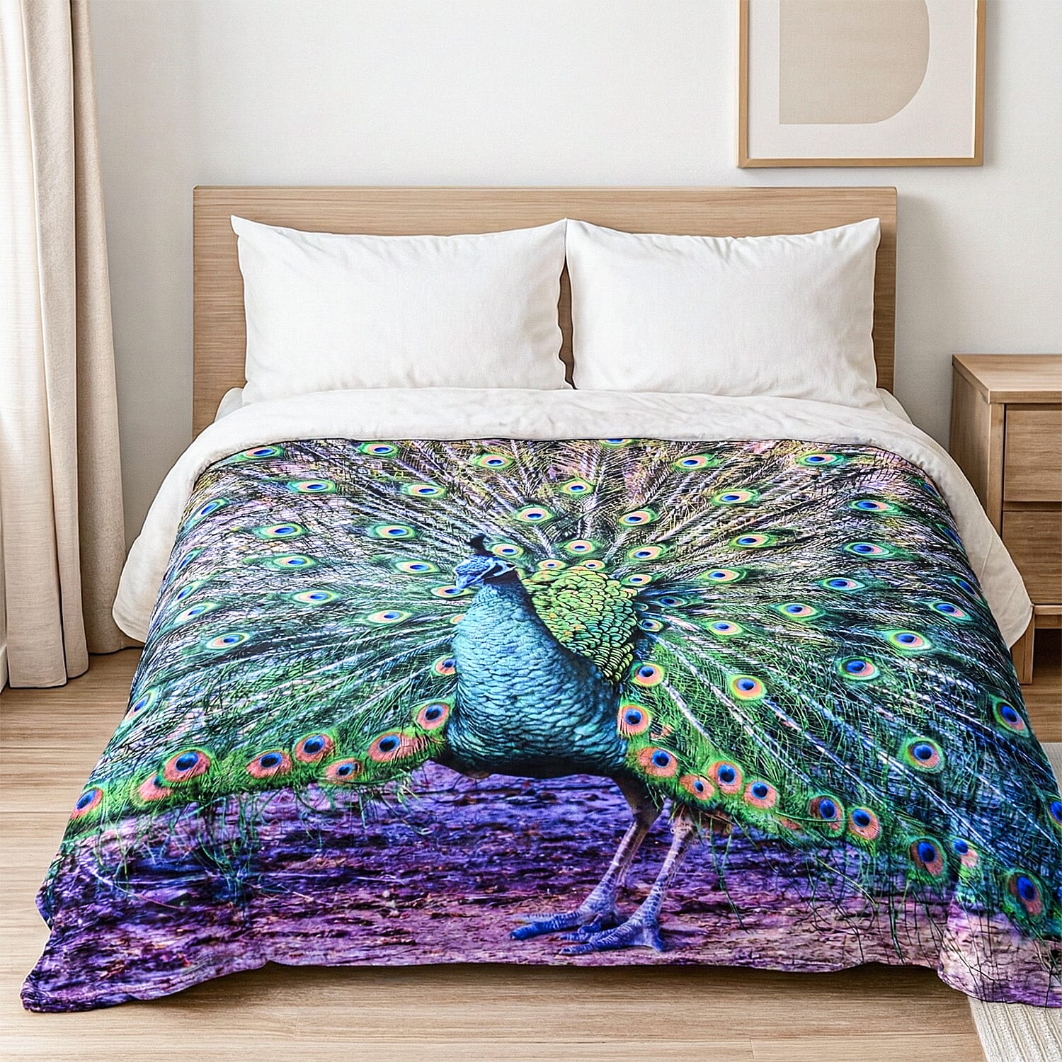 Digital printed flannel blanket with peacock pattern