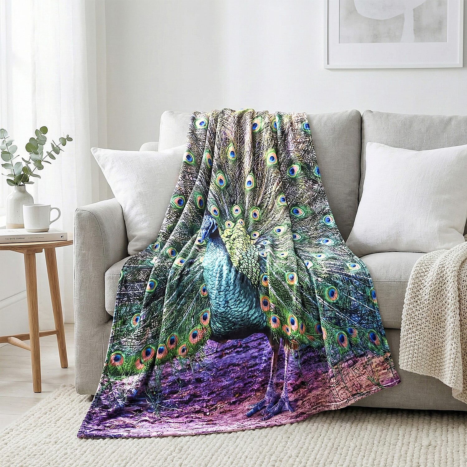 Digital printed flannel blanket with peacock pattern