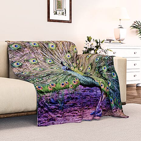 Digital printed flannel blanket with peacock pattern
