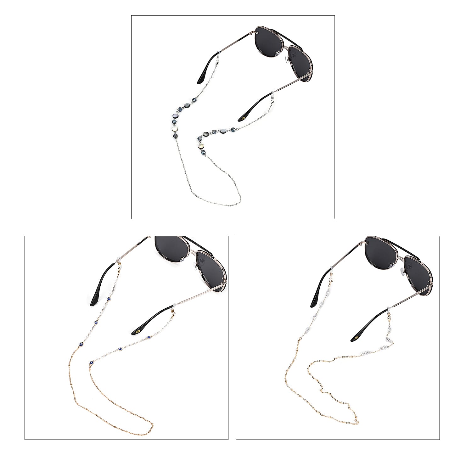 Set of 3 Shiny Crystal Beaded Eyeglass Chains with 20pcs Rubber Rings - Green & Silver