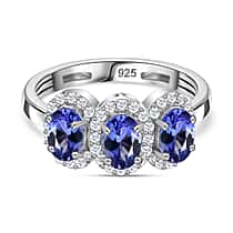 Tanzanite Ring with and Natural Zircon Halo in Rhodium Overlay Sterling Silver