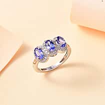 Tanzanite Ring with and Natural Zircon Halo in Rhodium Overlay Sterling Silver