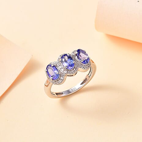 D'Joy AAA Tanzanite & Natural Zircon Ring in Rhodium Overlay Sterling Silver 1.83 Ct.