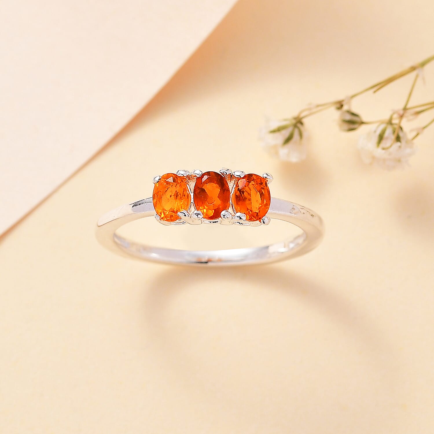 Fire Opal 3 Stone Ring Sterling Silver
