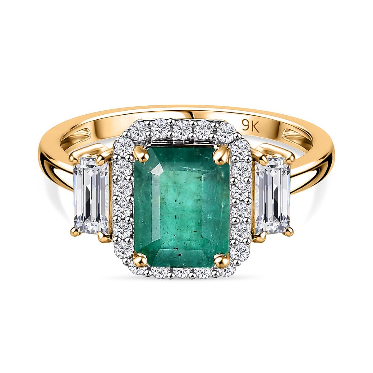 9K Yellow Gold AAA Gemfields Emerald & Moissanite Ring 2.16 Ct