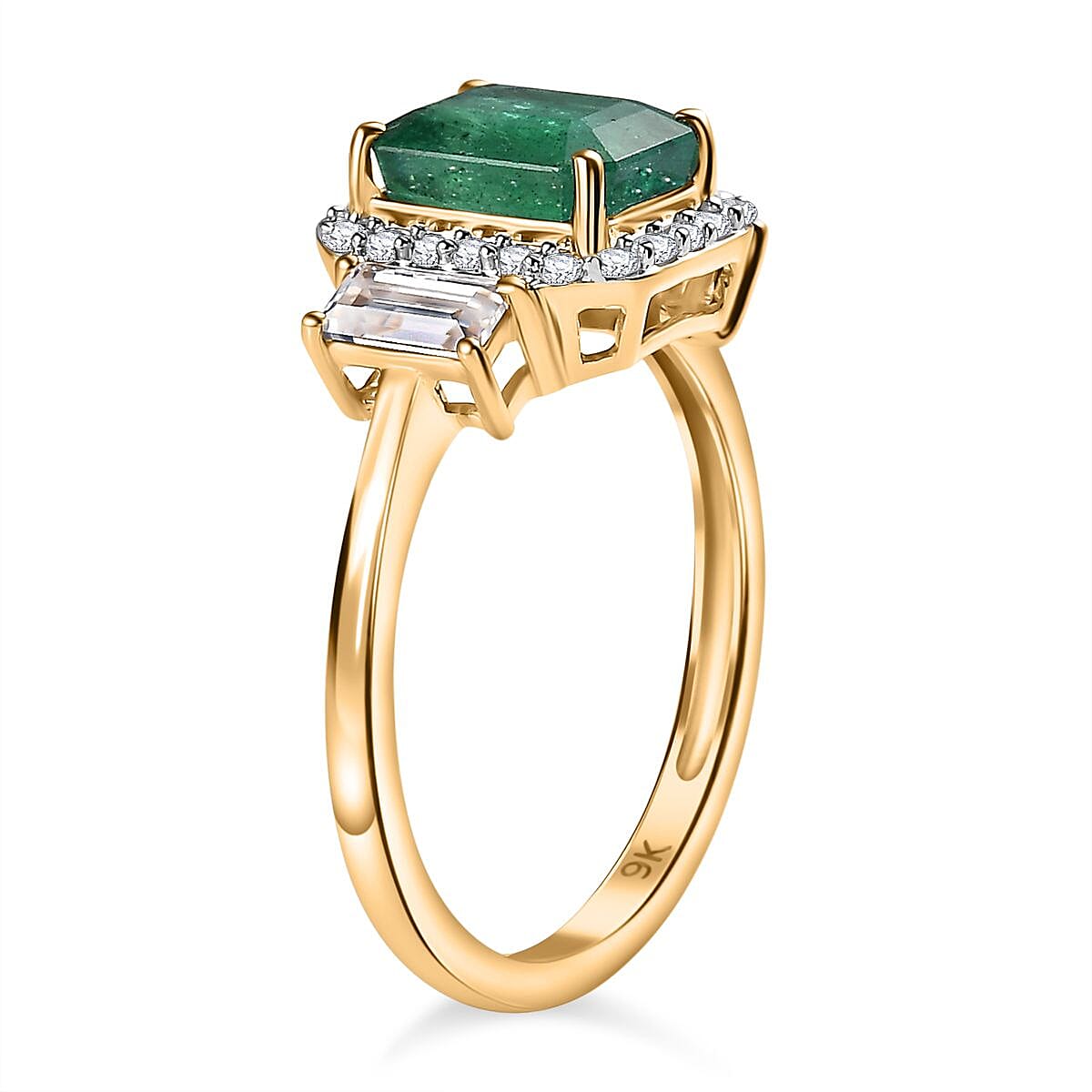 9K Yellow Gold AAA Gemfields Emerald & Moissanite Ring 2.16 Ct