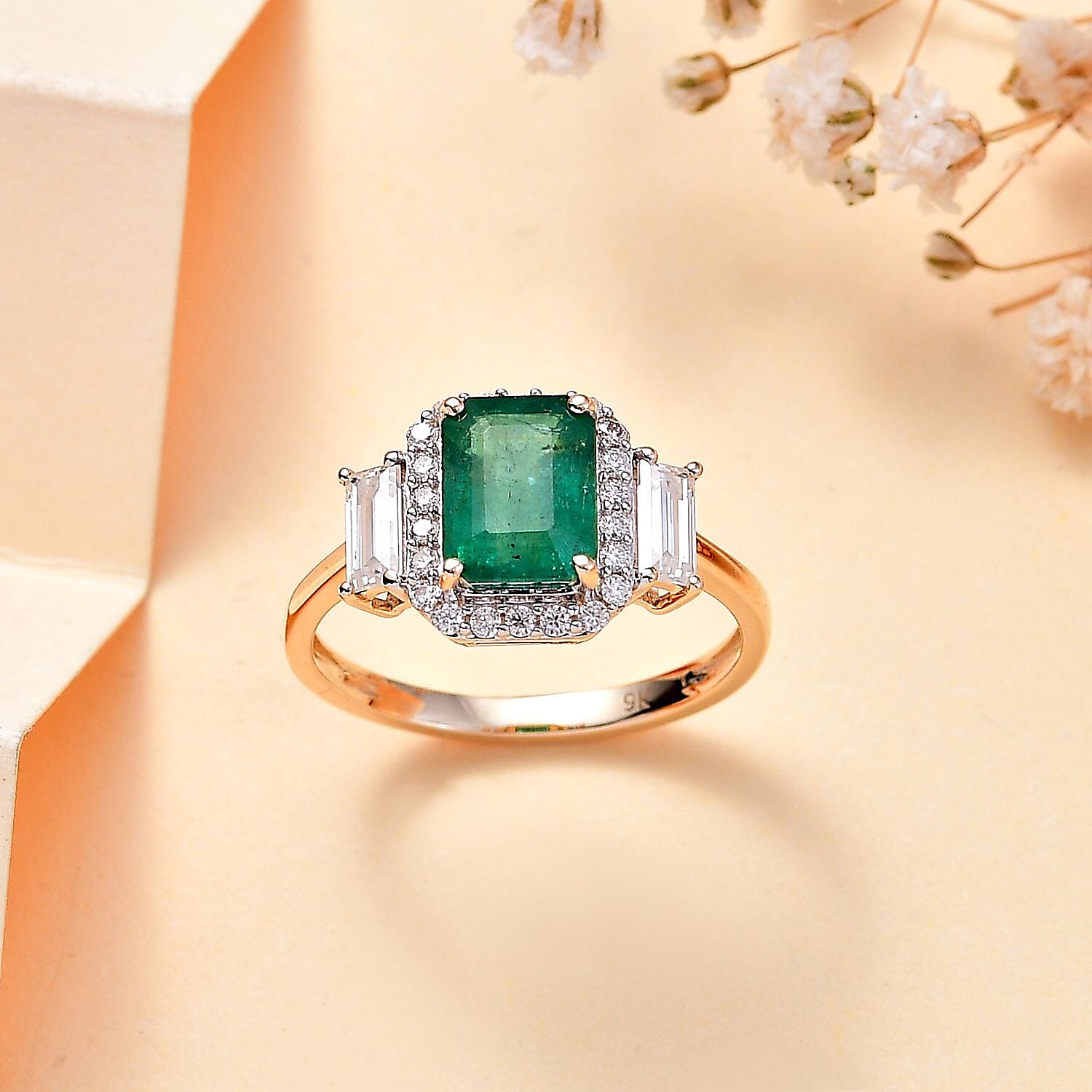 9K Yellow Gold AAA Emerald & Moissanite Halo Ring 2.16 Ct
