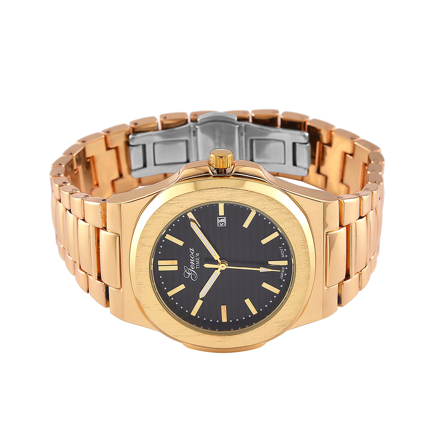 GENOA Desire Limited Edition - Japanese Movt 3ATM Water Resistant Black Dial Watch with Chain Strap in Gold Tone