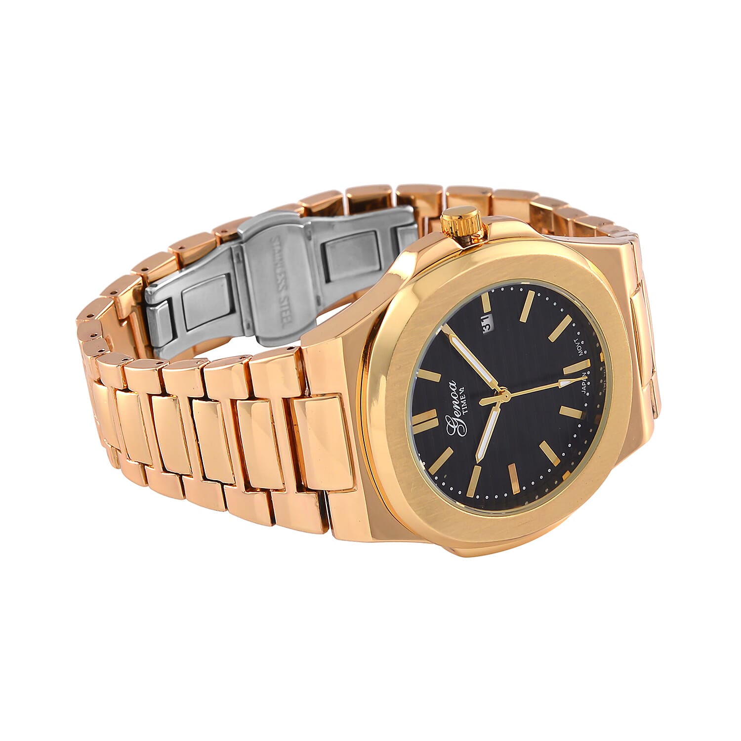 GENOA Desire Limited Edition - Japanese Movt 3ATM Water Resistant Black Dial Watch with Chain Strap in Gold Tone