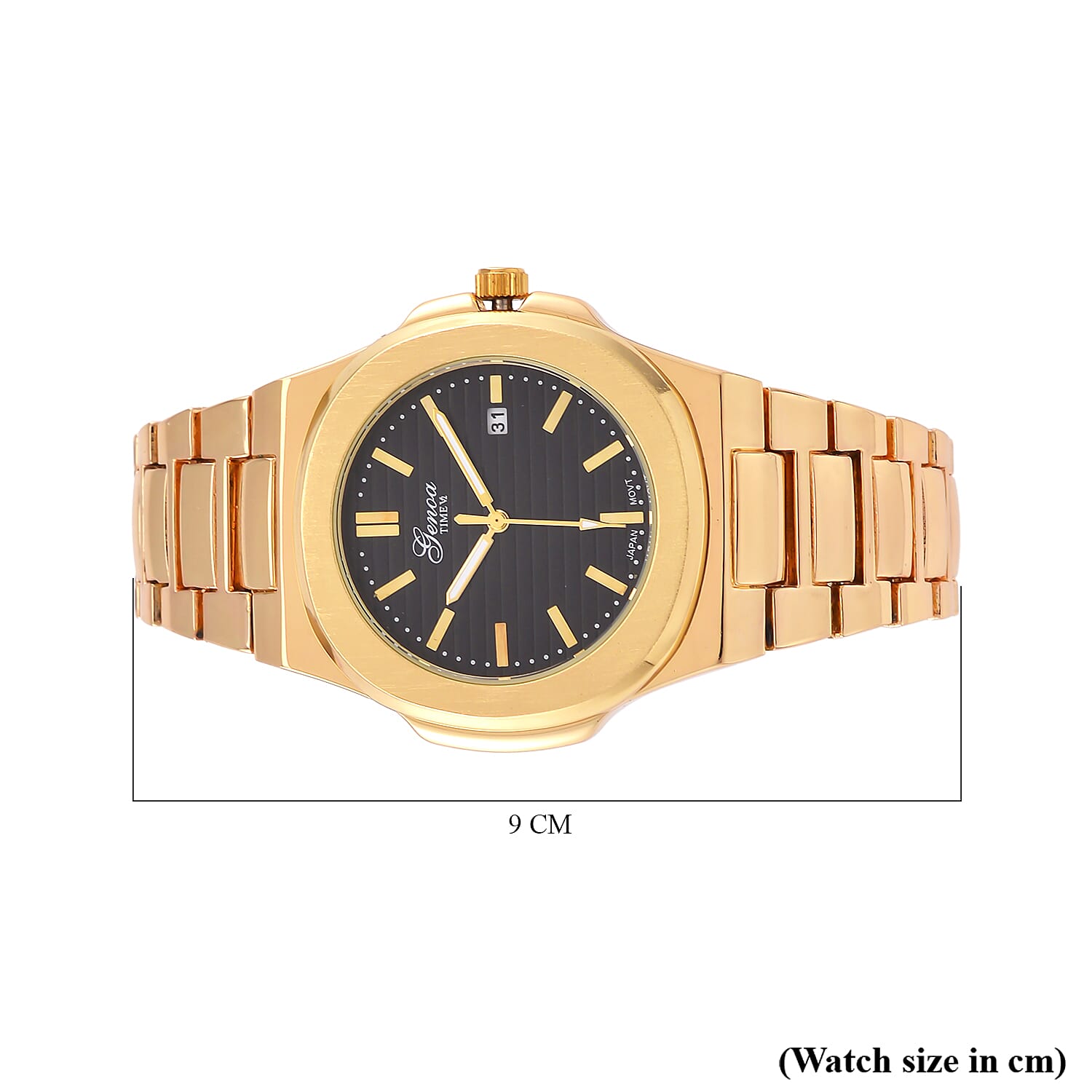 GENOA Desire Limited Edition - Japanese Movt 3ATM Water Resistant Black Dial Watch with Chain Strap in Gold Tone