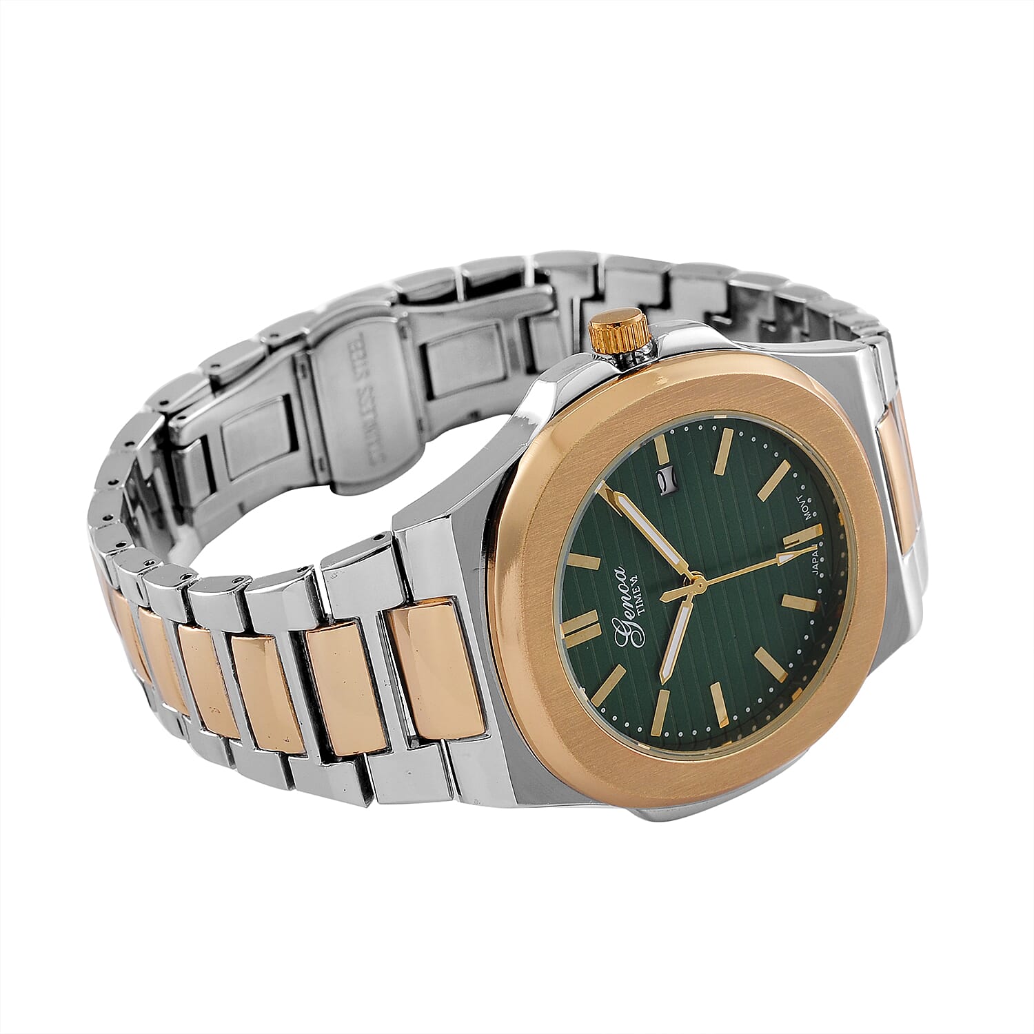 GENOA Japan Movt. 3ATM Water Resistant Green Dial Watch with Stainless Steel Chain Strap in Dual Tone