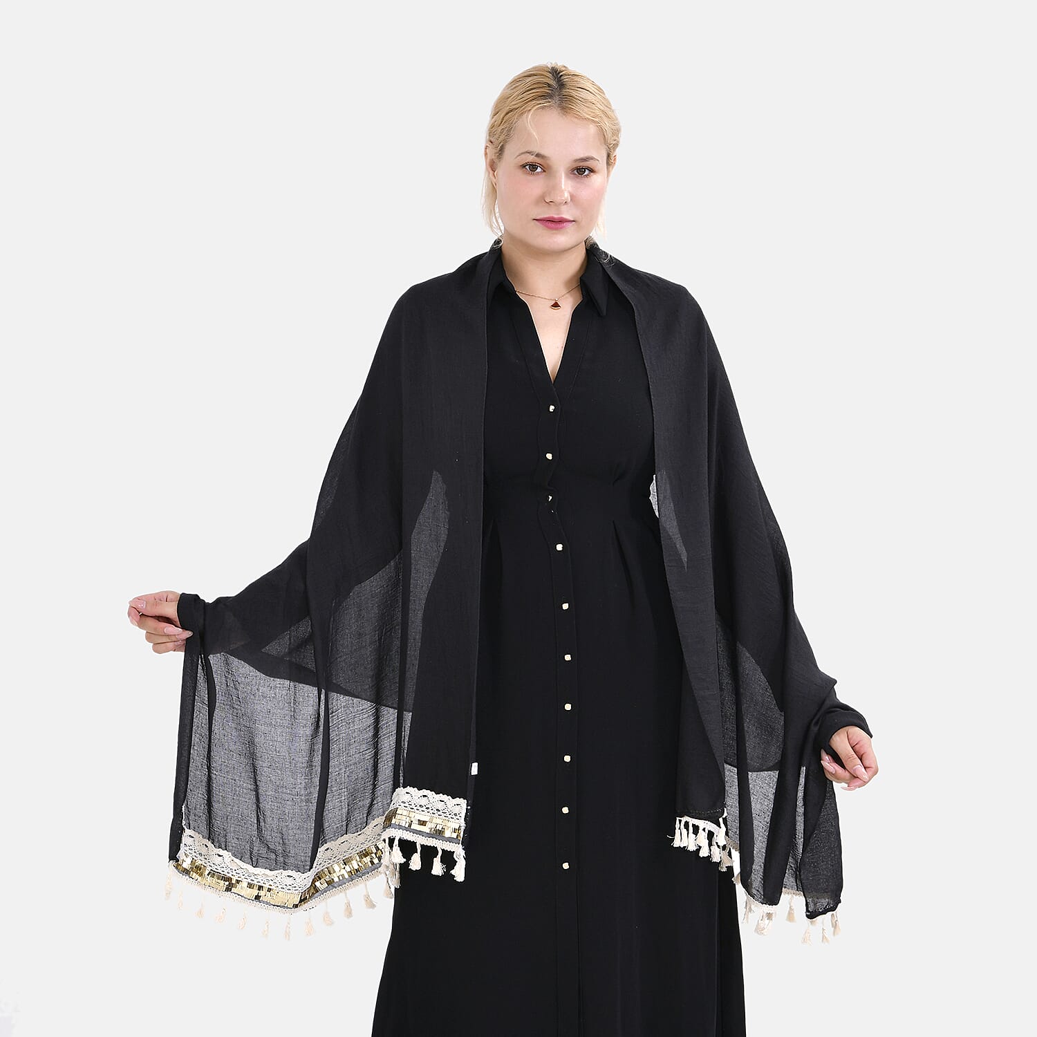 Closeout Deal - Scarf with Fringes and Beads - Black