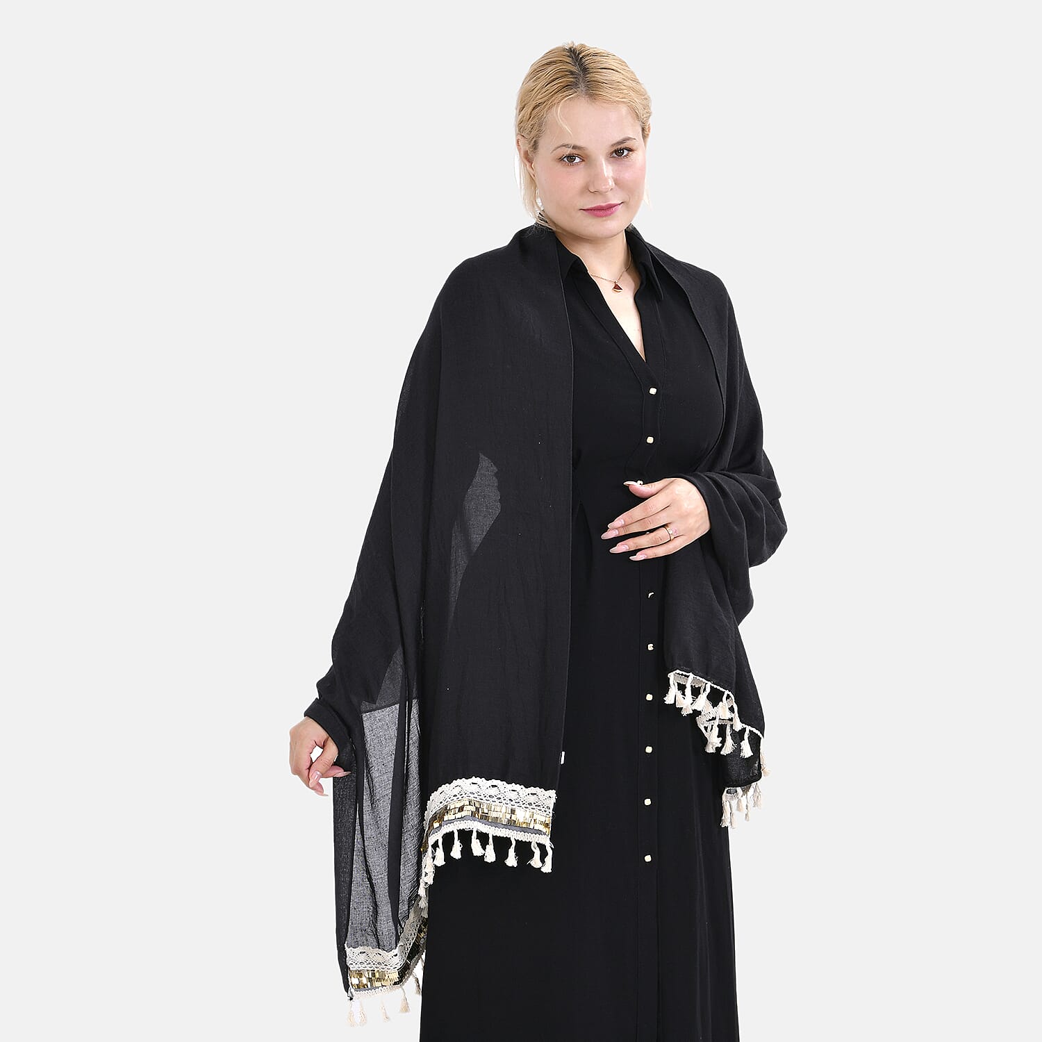 Closeout Deal - Scarf with Fringes and Beads - Black