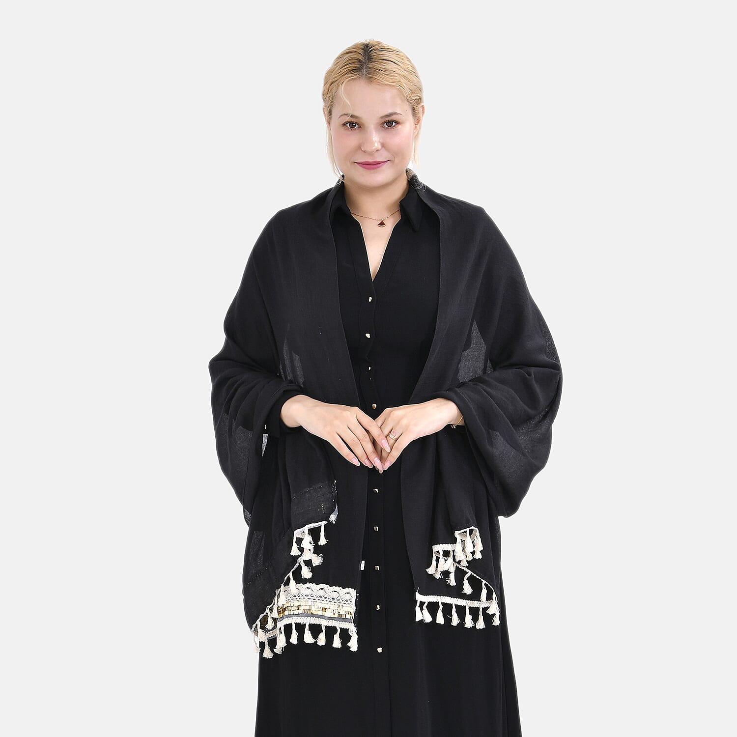 Closeout Deal - Scarf with Fringes and Beads - Black