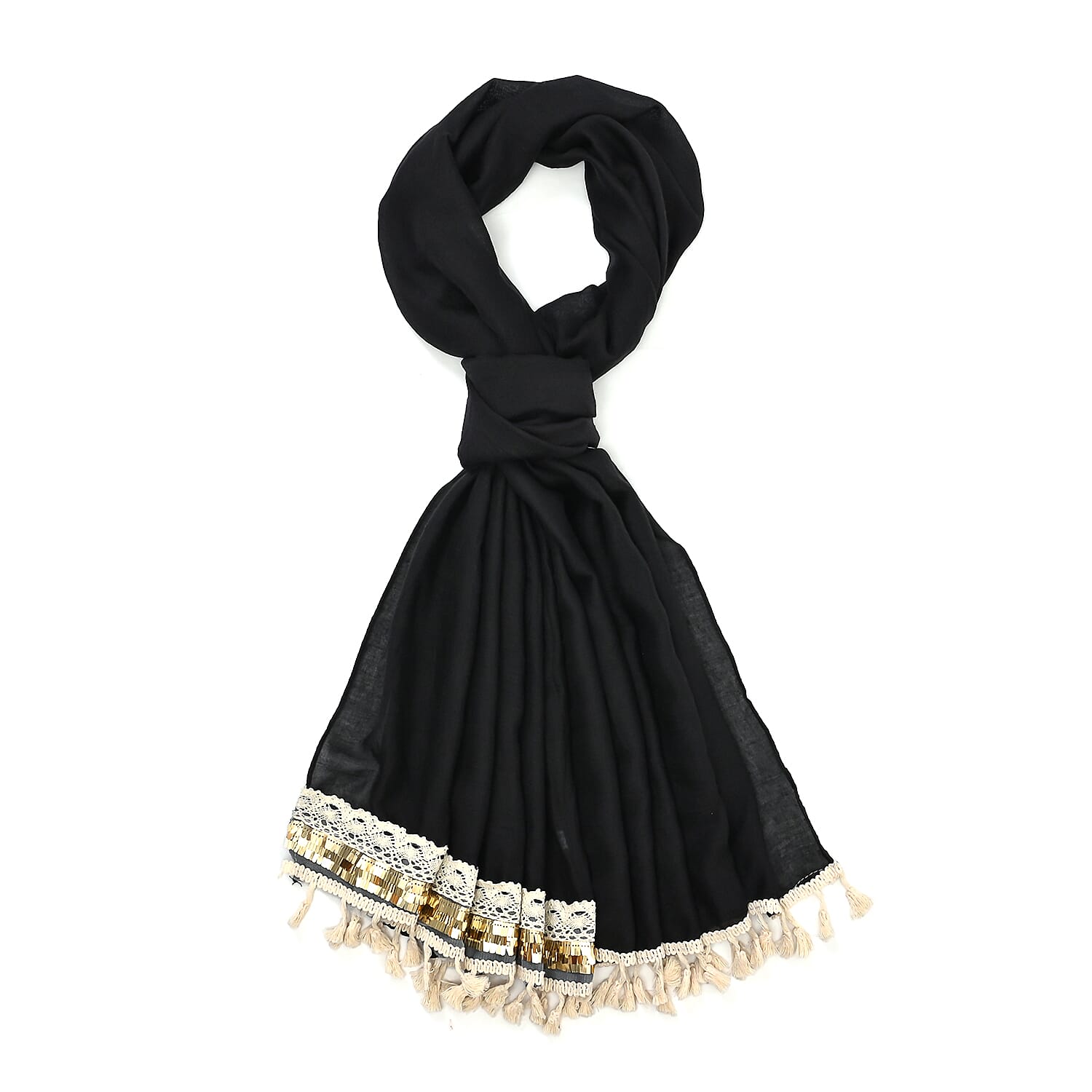 Closeout Deal - Scarf with Fringes and Beads - Black