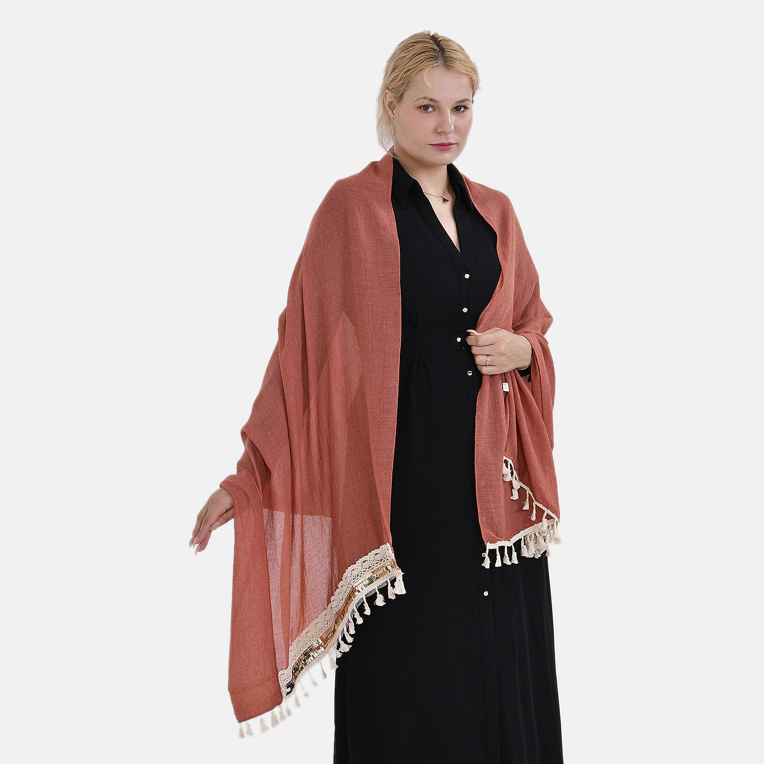 Closeout Deal - Scarf with Fringes and Beads - Terracotta