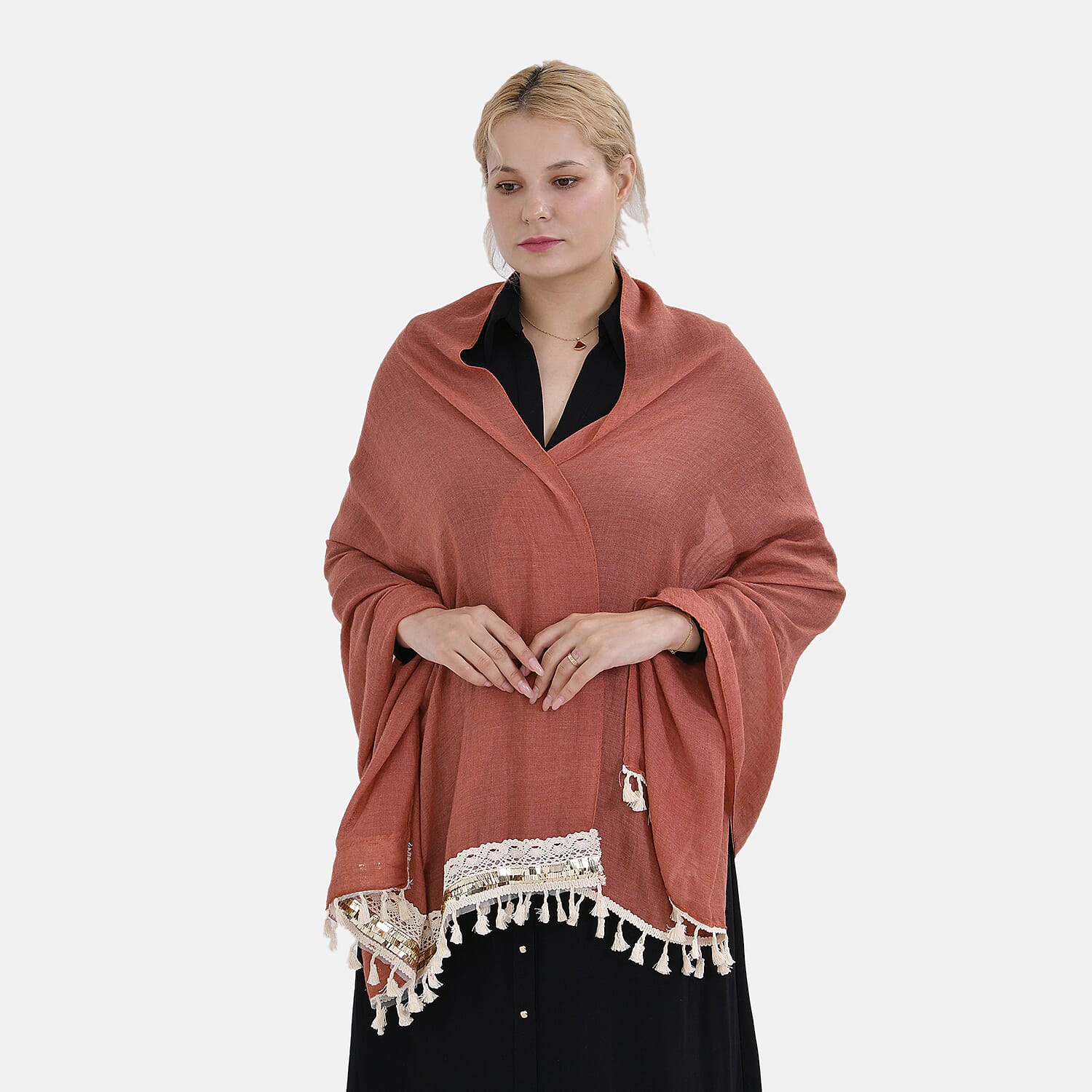 Closeout Deal - Scarf with Fringes and Beads - Terracotta