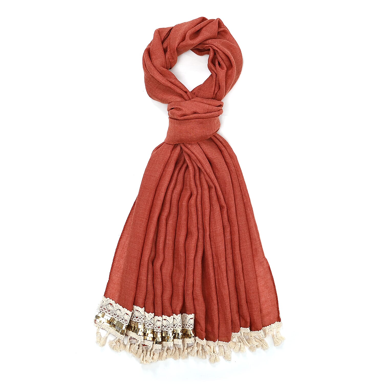 Closeout Deal - Scarf with Fringes and Beads - Terracotta