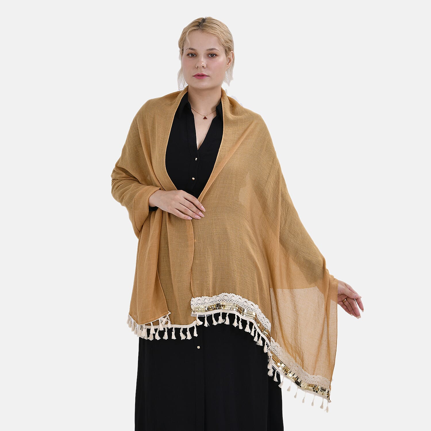 Closeout Deal - Scarf with Fringes and Beads - Ochre