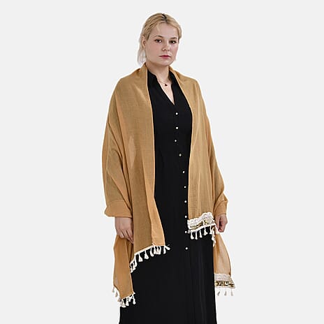Closeout Deal - Scarf with Fringes and Beads - Ochre