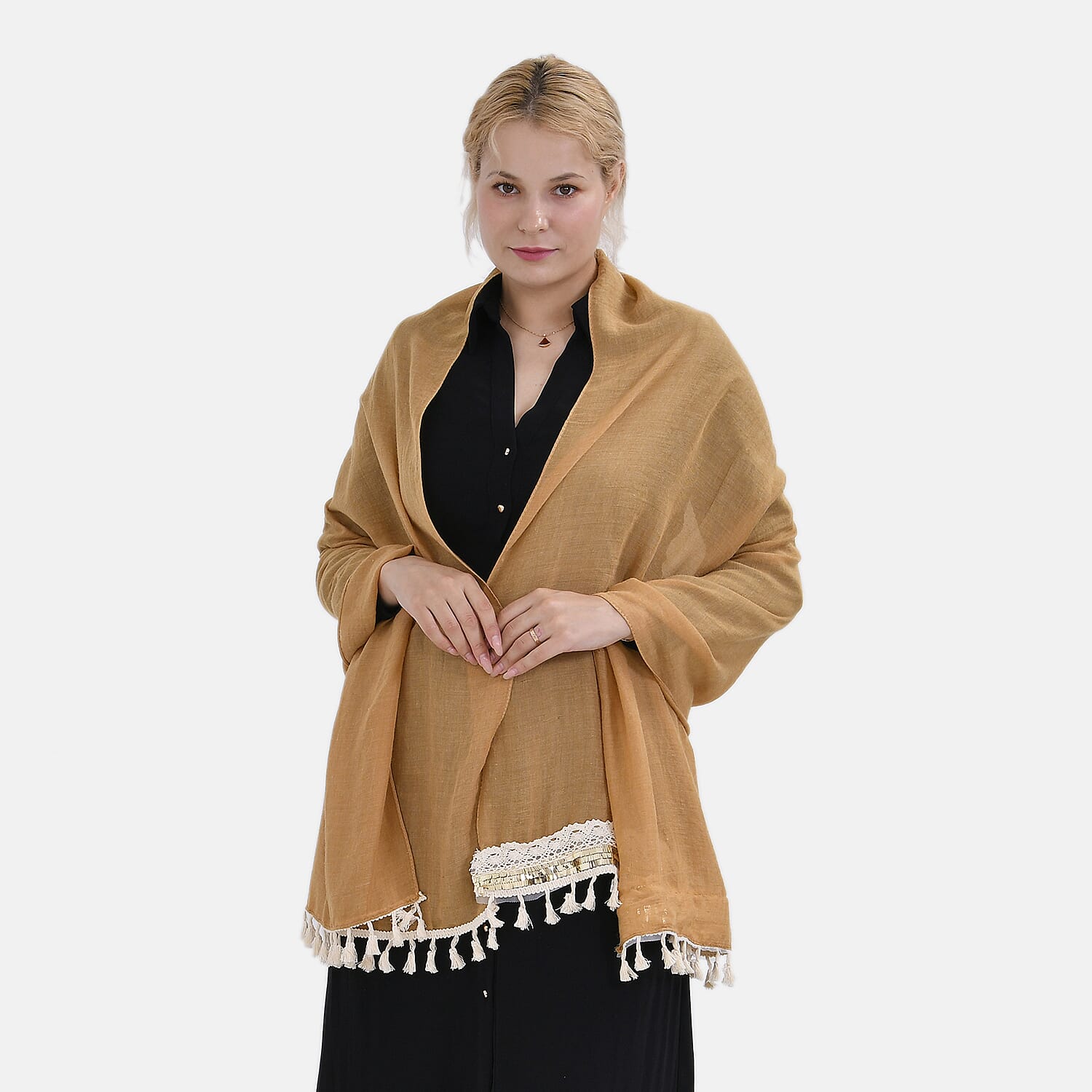 Closeout Deal - Scarf with Fringes and Beads - Ochre