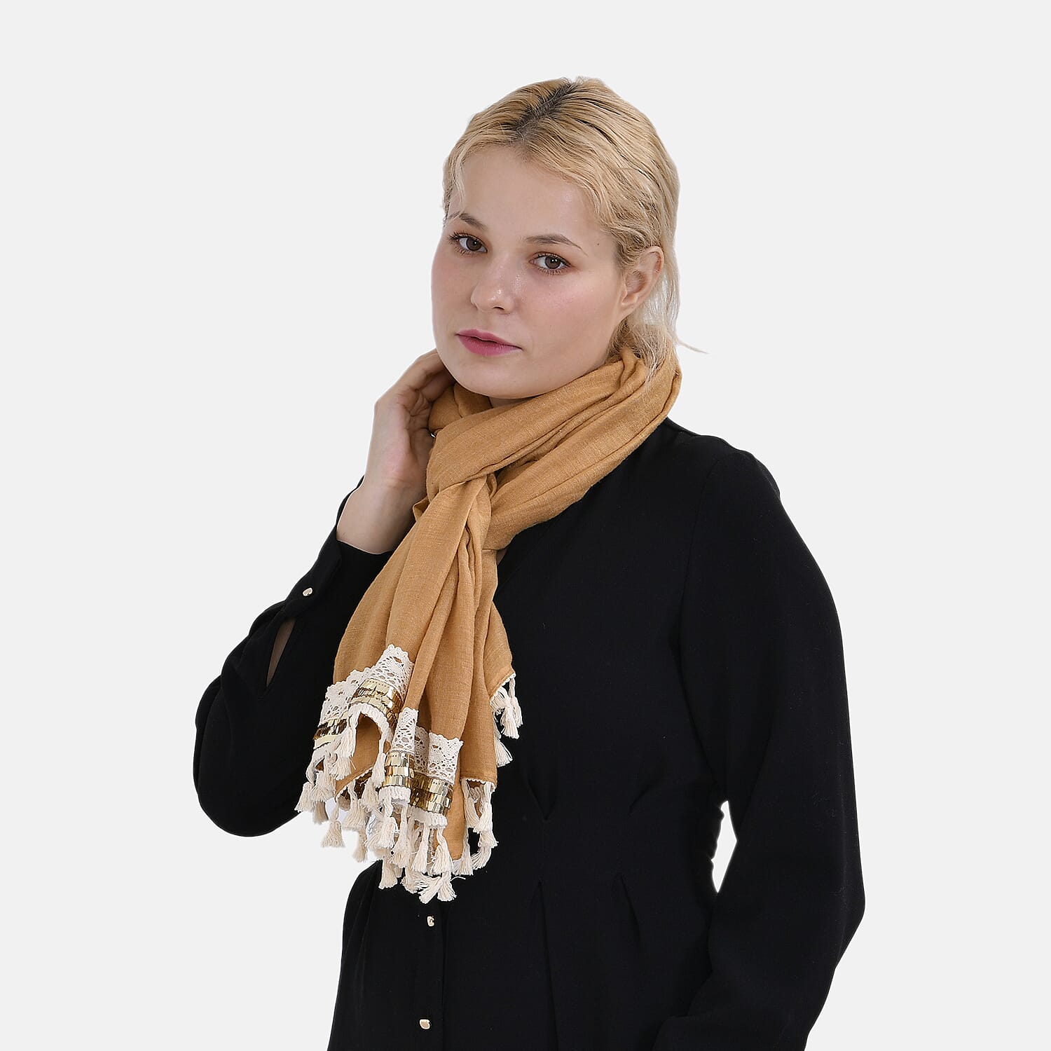 Closeout Deal - Scarf with Fringes and Beads - Ochre