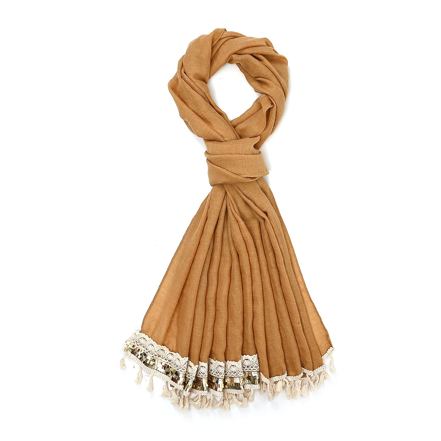 Closeout Deal - Scarf with Fringes and Beads - Ochre