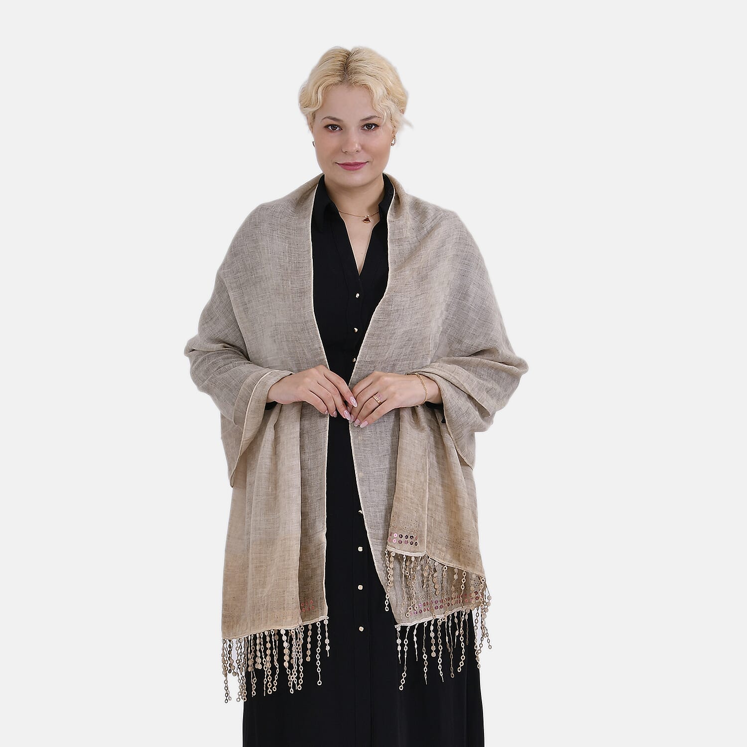 Closeout Deal - Scarf with sequins and tassels - Beige