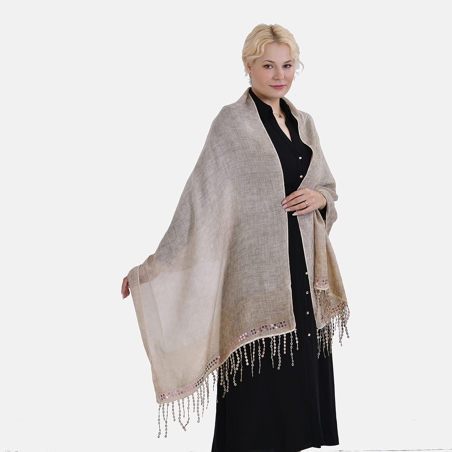 Closeout Deal - Scarf with sequins and tassels - Beige