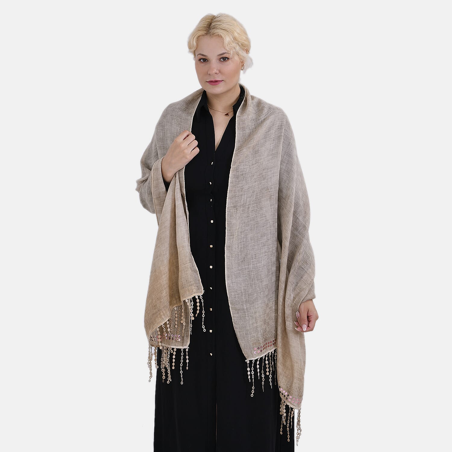 Closeout Deal - Scarf with sequins and tassels - Beige