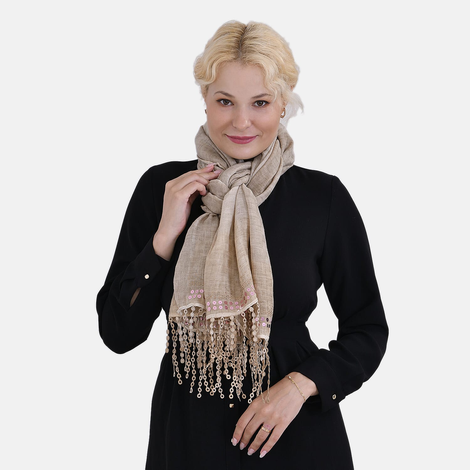 Closeout Deal - Scarf with sequins and tassels - Beige