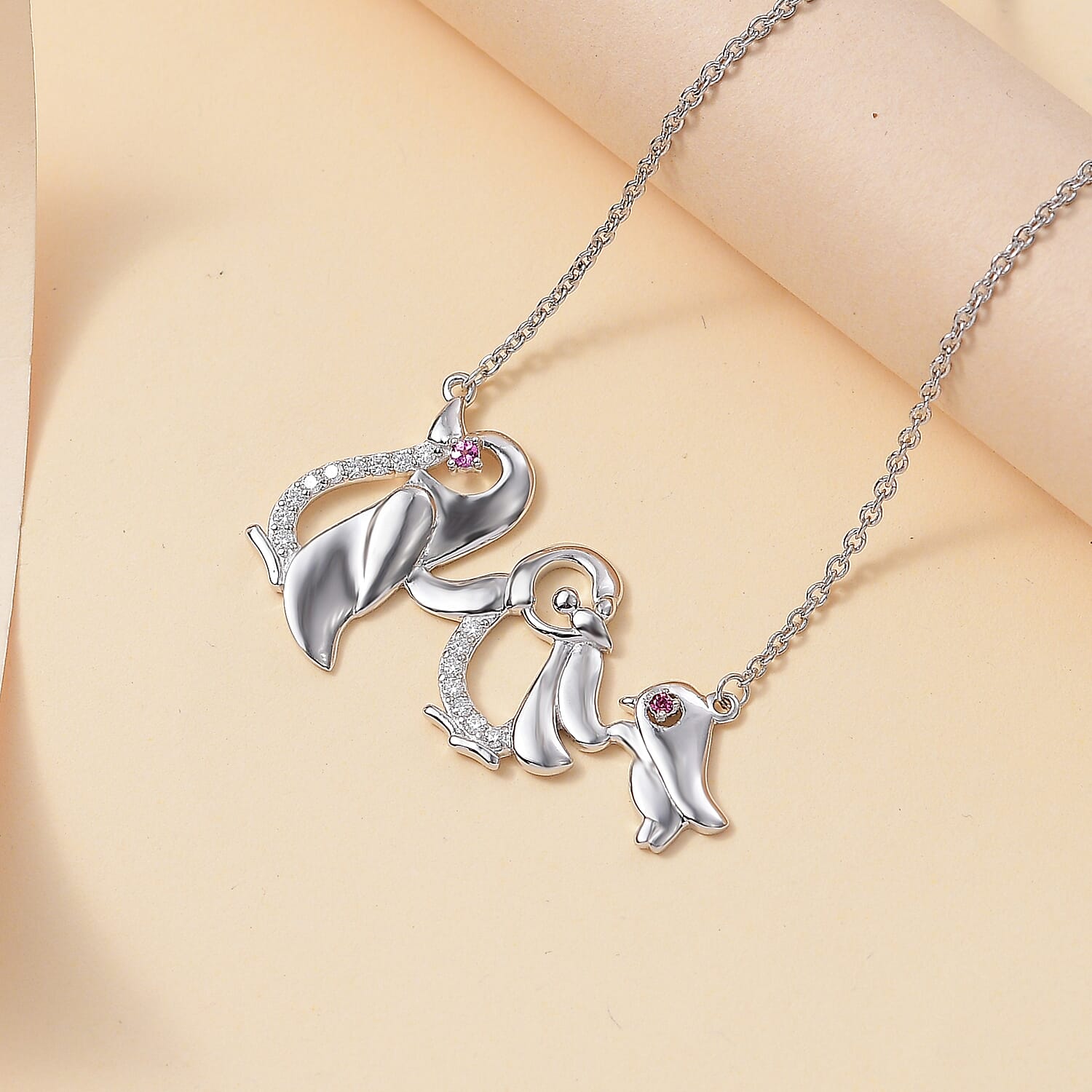 Rhodolite Garnet ,  Moissanite  Fancy Necklace (Size - 20) in rhodium Sterling Silver,  Silver Wt. 6.5 Gms