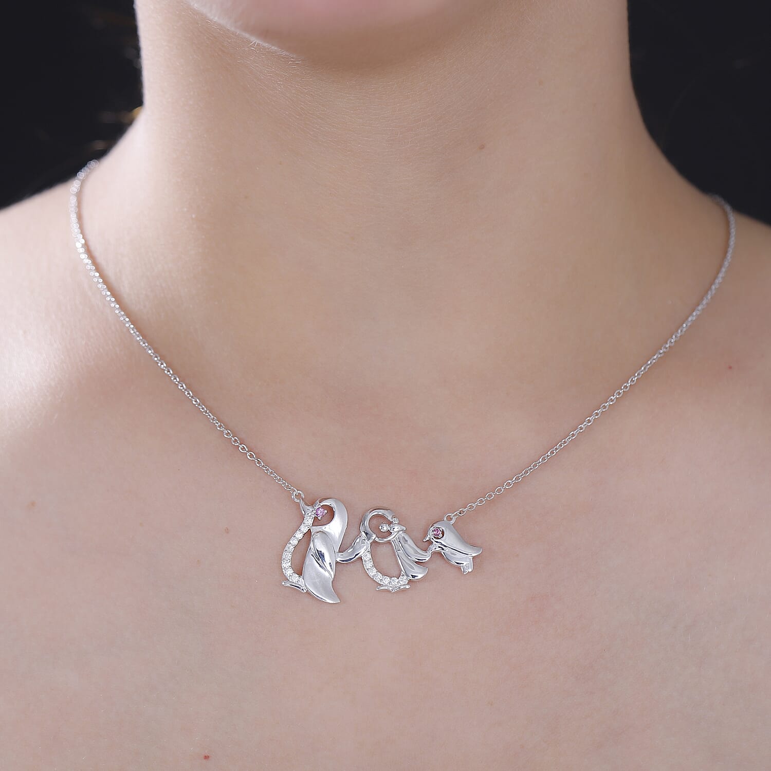 Rhodolite Garnet ,  Moissanite  Fancy Necklace (Size - 20) in rhodium Sterling Silver,  Silver Wt. 6.5 Gms